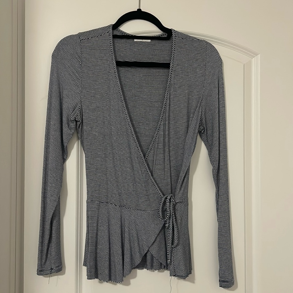Faux wrap peplum navy blue and white stripe top